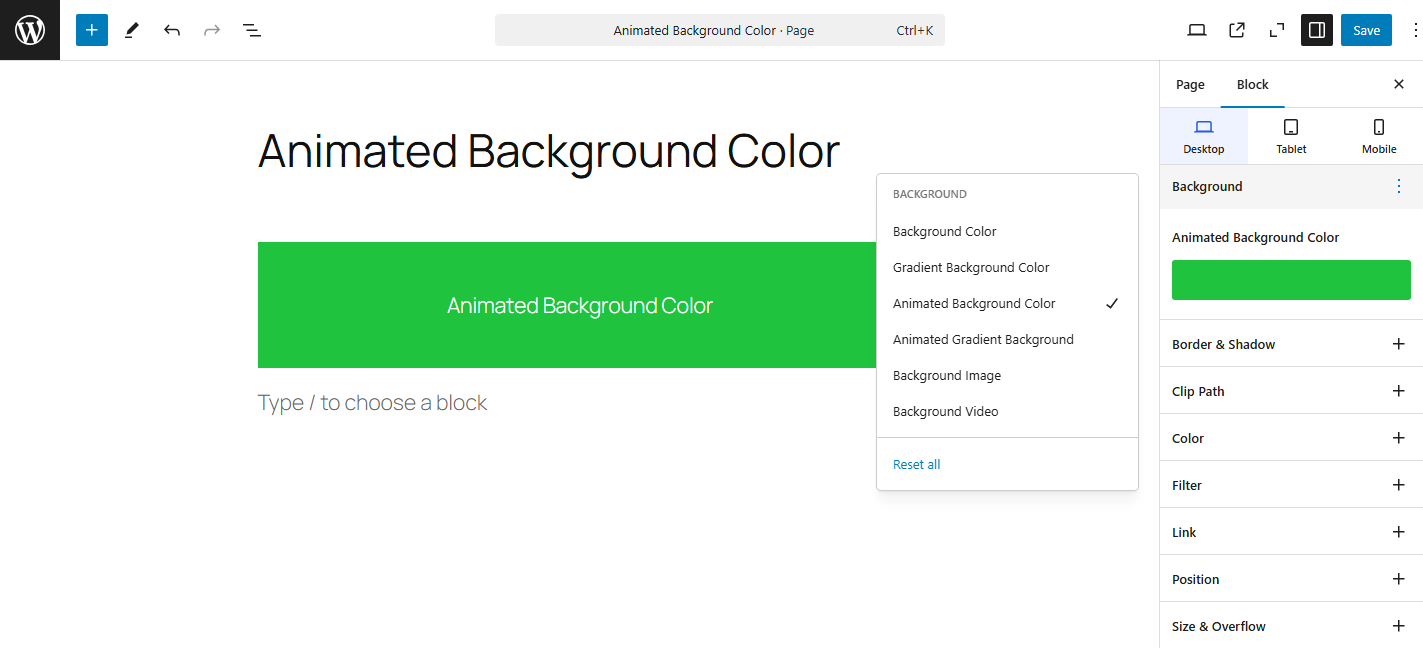 block-extension-background-animated-color-screenshot Block Extension Backgroun Option: Background Animated Color Screenshot