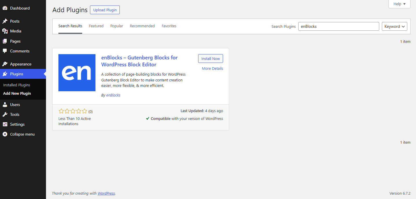 Installing enBlocks plugin Screenshot